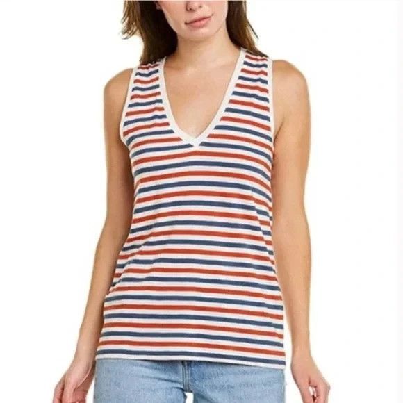 Madewell Medium Tank Top Striped Red Blue Whisper Cotton V-Neck Sleeveless - Picture 1 of 10